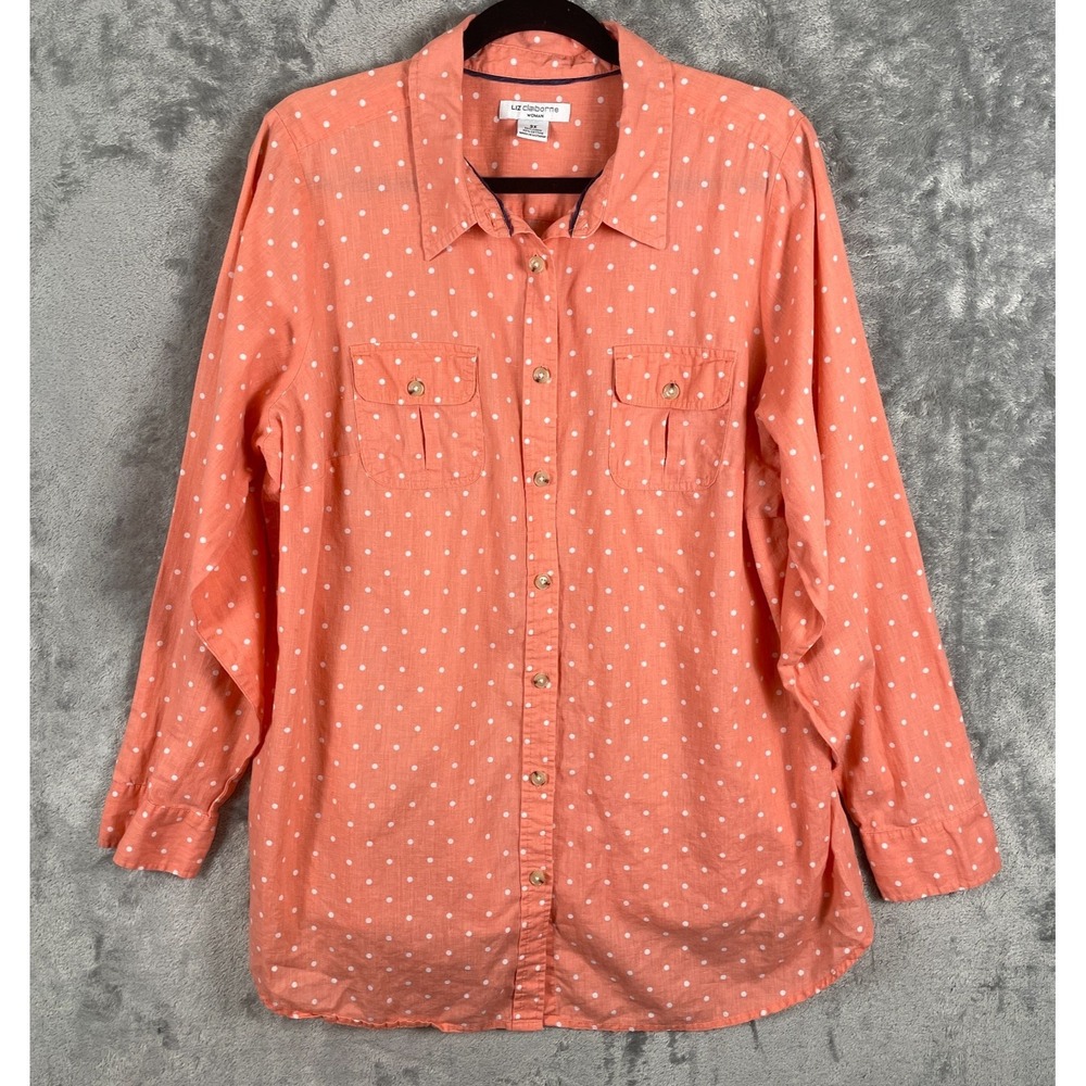 LIZ Shirt Plus 2X‎ Peach Polka Dot Linen Blend Button Up Long Sleeve Lagenlook